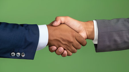 Two diverse hands connect in a firm handshake, symbolizing partnership and mutual respect in a bright green setting. Ideal for business themes.の素材