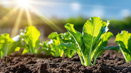 Vibrant green lettuce plants thrive in rich soil, illuminated by bright sunlight, showcasing healthy growth in a beautiful vegetable garden setting.の素材