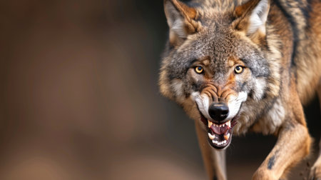 A captivating image of a fierce wolf approaching with an intense expression. Its sharp teeth and alert eyes showcase the wild predator's energy. The blurred background enhances the focus on the wolf, highlighting its natural beauty. Ideal for wildlife enthusiasts and nature lovers.の素材