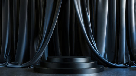 A stunning view of a circular stage adorned with luxurious black curtains, setting the perfect backdrop for dramatic performances or presentations.の素材