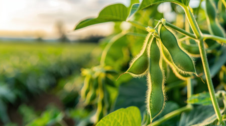 A stunning close-up of vibrant green soybean pods on a plant, captured in a sunlit field during sunset, showcasing the beauty of agricultural growth.の素材