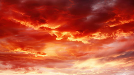 This stunning image captures a dramatic sunset featuring bold red and orange hues illuminating a cloudy sky, evoking warmth and tranquility.の素材