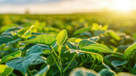 Bright sunlight casts a warm glow over lush green plants, showcasing detailed leaves and rich textures in a serene outdoor setting. Perfect for nature themes.の素材