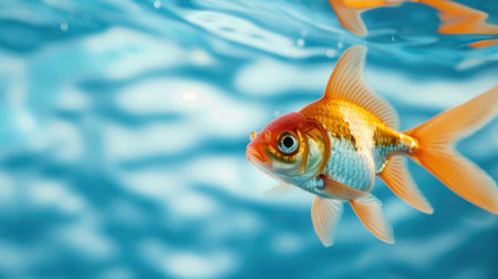 A stunning close-up of a goldfish swimming gracefully in clear water. The shimmering scales reflect light beautifully, creating a serene aquatic scene.の素材