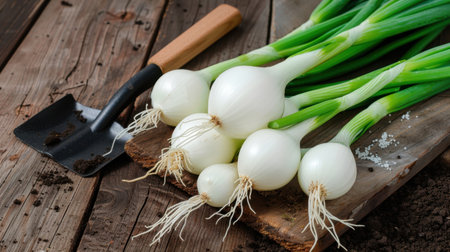 This captivating image showcases fresh green onions resting on a wooden board alongside a gardening tool, perfect for culinary use or farm-fresh themes.の素材