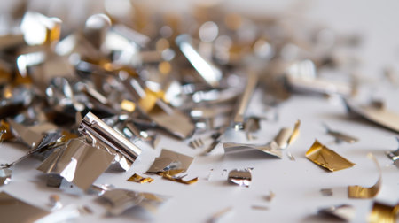 A captivating close-up of shimmering metallic fragments scattered across a white surface, showcasing an array of shiny textures and reflective surfaces.の素材