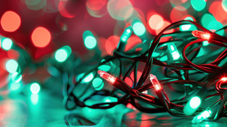 A stunning arrangement of colorful Christmas lights in red and green, creating a warm glow and vibrant bokeh effect perfect for holiday decorations.の素材