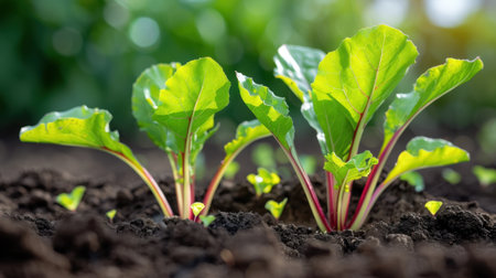 Vibrant beetroot plants thrive in rich soil, showcasing fresh green leaves as they grow in a garden setting, illuminated by soft sunlight.の素材