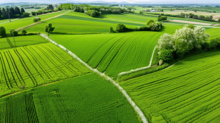 A stunning aerial view showcasing a vibrant green agricultural landscape with neatly arranged fields, trees, and clear blue skies. This image captures the essence of nature's beauty and rural tranquility.の素材