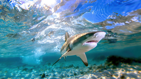 A stunning underwater scene featuring a shark swimming gracefully beneath crystal clear ocean waves, capturing the elegance of marine life in tropical waters.の素材