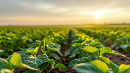 A stunning view of a lush green agricultural field at sunset, showcasing young plants thriving in rich soil, symbolizing growth and vitality.の素材