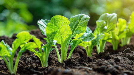 Vibrant green vegetable seedlings rise from dark, rich soil, basking in soft sunlight, capturing the essence of healthy growth in a nurturing garden environment.の素材