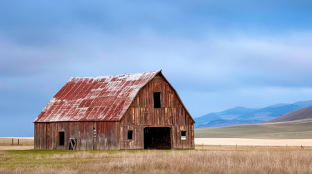 A picturesque rural scene featuring a rustic red barn set against a backdrop of rolling hills and a serene blue sky, showcasing the beauty of countryside living.の素材