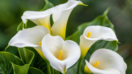 A stunning arrangement of elegant white calla lily flowers surrounded by vibrant green leaves, showcasing the beauty of nature in a close-up view.の素材