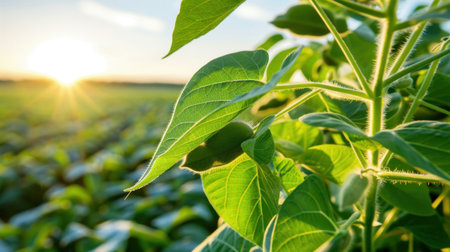 A close-up image of fresh green soybean leaves basking in the warm sunlight of a morning sunrise, set in a serene agricultural field. The tranquil atmosphere offers a glimpse of the beauty of nature and growth in farming.の素材