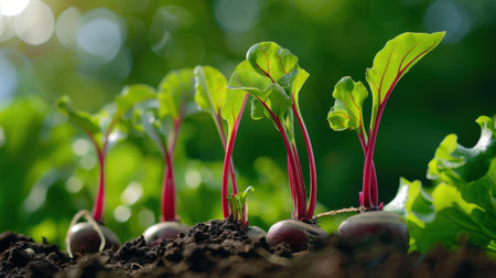 Vibrant red beetroot plants emerge from rich soil, basking in bright sunlight. This image highlights agriculture and the beauty of garden growth.の素材
