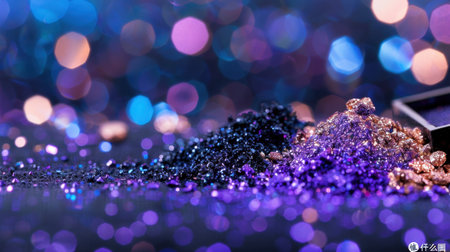 This stunning close-up image features shimmering glitter particles in various vibrant colors, creating a beautiful bokeh effect on a sparkling background. Perfect for art and beauty projects.の素材