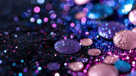 This vibrant close-up image features colorful glitter and sparkling bokeh against a dark background, creating an enchanting and festive atmosphere ideal for celebrations.の素材