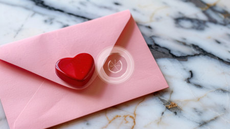 A beautiful pink envelope sealed with a red heart-shaped wax seal rests on a sleek marble background, perfect for romantic messages.の素材