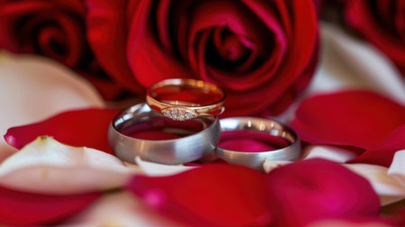 This romantic image features stunning wedding rings resting beautifully among vibrant red roses and soft petals, showcasing love and commitment.の素材