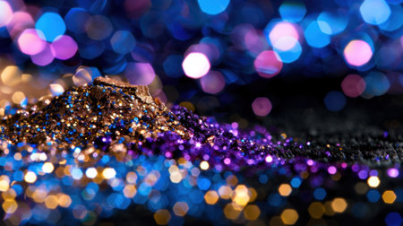 This artistic image showcases a vibrant pile of shimmering glitter against a mesmerizing blue and purple bokeh background, perfect for design and decoration.の素材