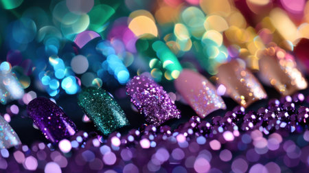 A mesmerizing display of colorful glitter nail polishes arranged with a shimmering bokeh background, ideal for beauty and fashion projects that celebrate creativity.の素材