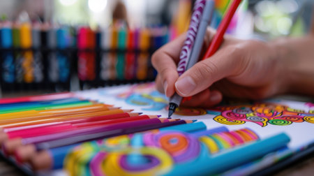 A close-up view of a hand using a marker to create vibrant patterns on paper, with colorful art supplies neatly arranged for an inspiring creative session.の素材