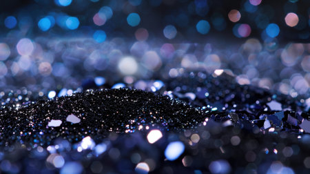 A mesmerizing close-up view of blue and black glitter showcases a playful bokeh effect, perfect for creative projects, festive events, and art designs.の素材