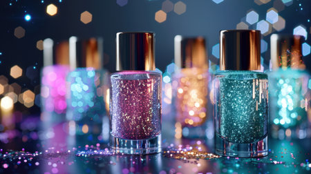 This image features an artistic arrangement of sparkling glitter nail polish bottles, showcasing vibrant colors and shimmering textures against a dreamy bokeh background.の素材