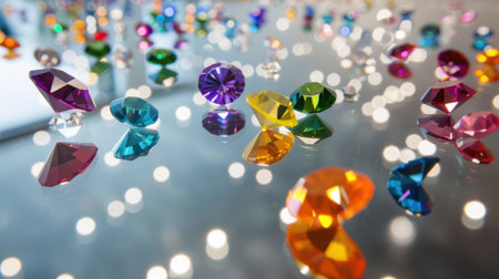 A stunning array of colorful gemstones is artistically arranged on a reflective surface. The captivating colors and sparkling details create a mesmerizing bokeh effect, making it perfect for design applications, crafting, and decoration.の素材