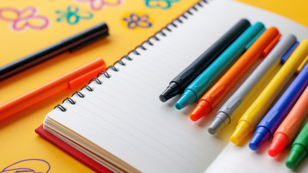 A vibrant arrangement of colorful markers and a blank notebook set against a bright yellow background evokes creativity and artistic inspiration. Perfect for drawing and doodling.の素材