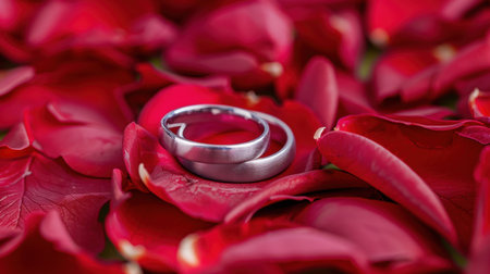 This captivating image features two elegant wedding rings beautifully placed atop vibrant red rose petals. It symbolizes love, commitment, and romance, perfect for any relationship or wedding-themed project.の素材