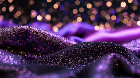 Captivating image of shimmering purple fabric covered in glistening glitter, enhanced by soft bokeh lights for a magical and elegant backdrop.の素材