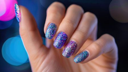 This stunning image captures a hand adorned with colorful glitter nail art, showcasing vibrant hues and shimmering effects perfect for beauty inspirations.の素材