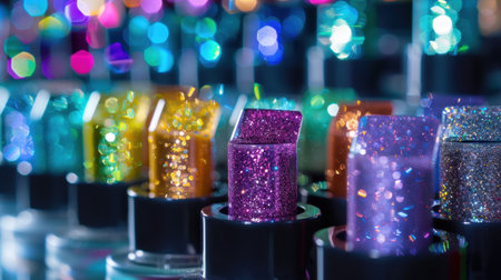 A captivating array of glitter nail polish bottles showcases a spectrum of vibrant colors and textures, set against a beautifully blurred background.の素材