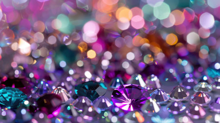 Captivating closeup image of colorful gems and soft bokeh lights, creating a vibrant and sparkling abstract background perfect for festive designs or artistic projects.の素材