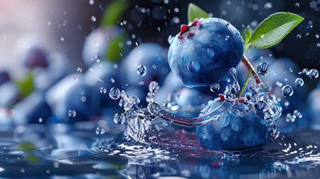 A stunning image featuring blueberries creating a dynamic splash in water, highlighting their vibrant color and freshness. This scene captures the essence of nature's bounty.の素材