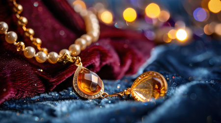 This captivating close-up image showcases elegant gold jewelry featuring amber stones on a rich fabric backdrop, illuminated by decorative lights.の素材