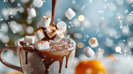 Delight in a comforting cup of hot chocolate topped with fluffy marshmallows and a rich chocolate drizzle, set in a cozy winter atmosphere.の素材