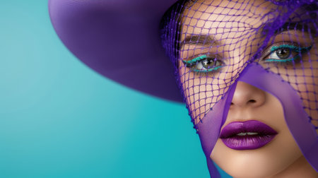 This captivating close-up features a woman adorned with striking make-up and a colorful hat, set against a bright blue backdrop, showcasing bold artistry.の素材
