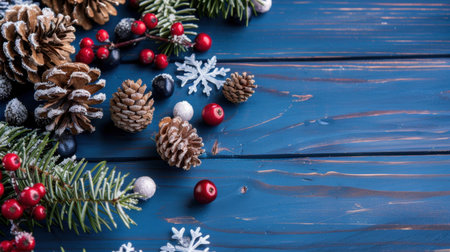 A visually appealing winter arrangement featuring pinecones, vibrant berries, and decorative snowflakes set against a blue wooden background, perfect for festive decor.の素材