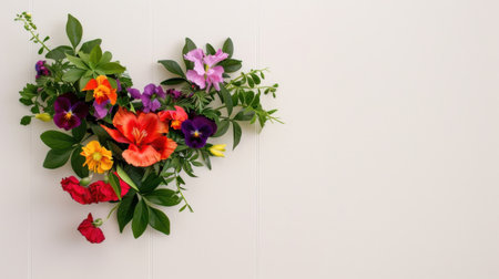 Stunning floral arrangement in a heart shape against a light background, showcasing vibrant colors and a variety of flowers perfect for celebrations.の素材