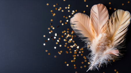Delicate soft feathers gracefully arranged with shiny golden confetti on a dark background. Perfect for artistic, decorative, and celebratory themes.の素材