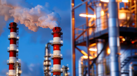 An industrial scene depicting smoke stacks releasing emissions into the air at dusk. The landscape showcases modern manufacturing processes against a blue sky.の素材