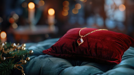 This stunning gold necklace features a beautiful gemstone, elegantly displayed on a plush velvet cushion, creating a warm and inviting atmosphere perfect for seasonal celebrations.の素材