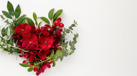 This captivating heart-shaped arrangement showcases vibrant red flowers surrounded by lush green foliage on a clean white background, perfect for conveying love and beauty.の素材