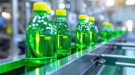 Bright green bottles with yellow caps move along a production line in a modern factory, highlighting efficient manufacturing and beverage processing.の素材