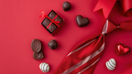 A charming arrangement of assorted chocolates in various shapes on a vibrant red background, complemented by a graceful ribbon, perfect for celebrations.の素材
