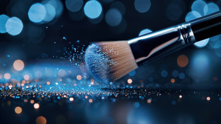 A close-up view of a makeup brush releasing fine glitter particles against a dark background, enhanced by vibrant bokeh lights, creating a captivating beauty scene.の素材