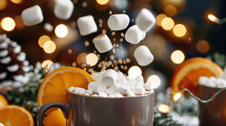 Enjoy a cozy cup of hot chocolate topped with fluffy marshmallows and refreshing orange slices, all set against a warm, festive backdrop.の素材